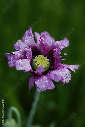 Lavender Poppy Flower with Raindrops on Petals in Green Garden Background