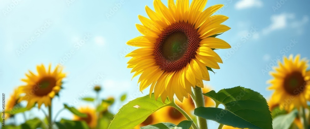 Obraz premium Vibrant yellow sunflower in full bloom against a bright summer sky, macro, botanical