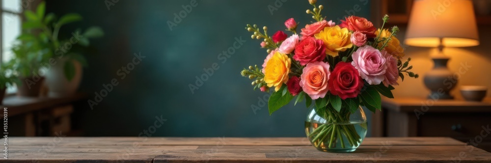 Colorful spring blooms placed in a beautiful arrangement on a rustic wooden table near a warm and cozy lamp, seasonal flowers, spring colors Colorful spring blooms placed in a beautiful arrangement on a rustic wooden table near a warm and cozy lamp, seasonal flowers, spring colors