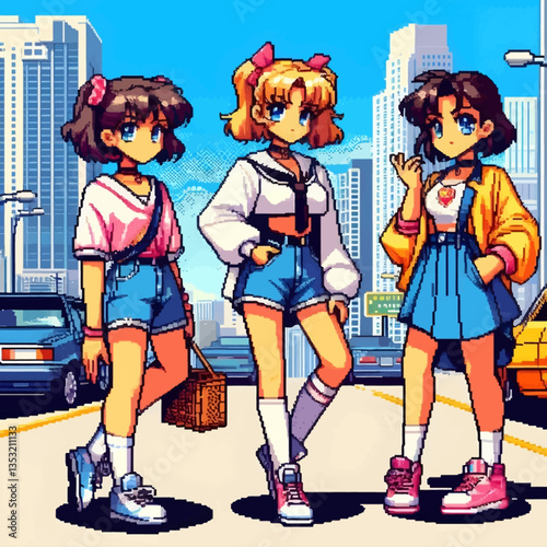 Niñas en un estilo pixelado colorido de dibujos animados, realizadas en formato de gráficos vectoriales EPS10, con tonos vivos y un diseño juguetón, perfectas para proyectos infantiles e ilustraciones