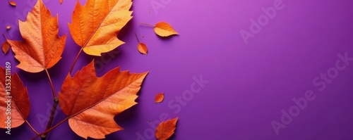 Dry orange metallic leaves on violet background with geometric patterns, metallic, autumn