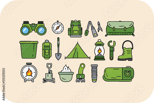 Camping and Outdoor Gear: Adventure, Exploration, and Wilderness Vector Icon Set