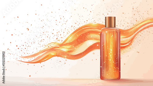 The image is a digital illustration depicting a transparent bottle filled with an amber-colored liquid. The bottle has a gold-colored cap.  Behind the bottle, a stylized, flowing golden-orange wave