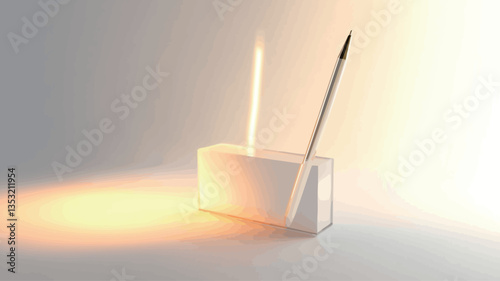 The image is a digitally rendered, minimalist still life.  It depicts a white rectangular object, possibly a box or holder, on a light grey background. A lit candle and a paintbrush are positioned