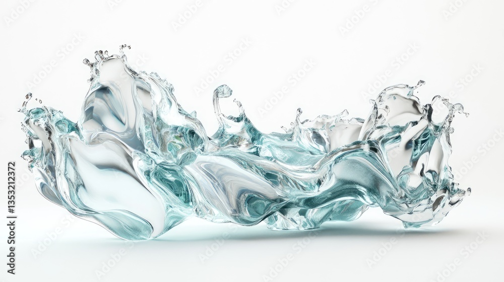 Abstract splash of clear water forming dynamic shapes against a white background, showcasing fluid motion and beauty Abstract splash of clear water forming dynamic shapes against a white background, showcasing fluid motion and beauty
