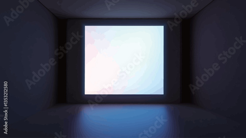 The image shows a square of soft, gradient light emanating from a central panel set within a dark, seemingly cubic enclosure. The walls of the room are a deep, dark gray or black.  The light panel