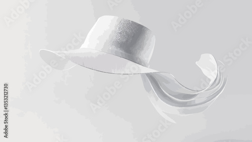 Close-up studio shot of a white wide-brimmed hat with a long, flowing piece of fabric attached. The hat and fabric appear to be in motion against a plain white background. The image is
