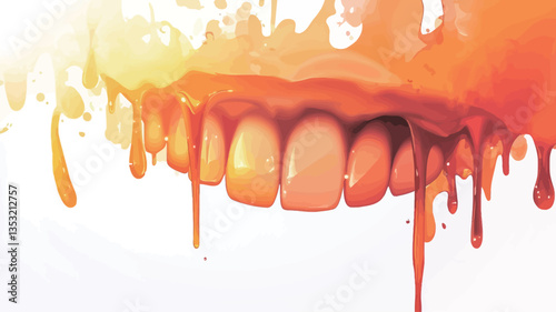 Close-up view of an abstract image depicting teeth partially submerged or coated in a viscous, orange and yellow liquid. The liquid is dripping and flowing down from the teeth, creating a dynamic
