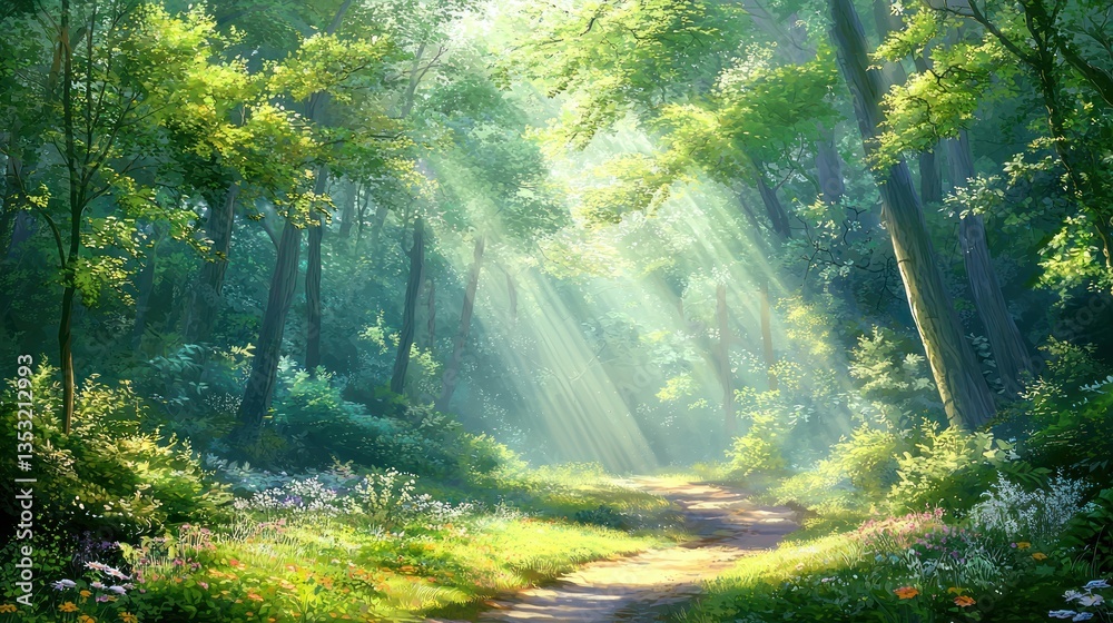 Obraz premium A peaceful forest landscape with tall trees, sunlight streaming through the canopy, and a quiet path