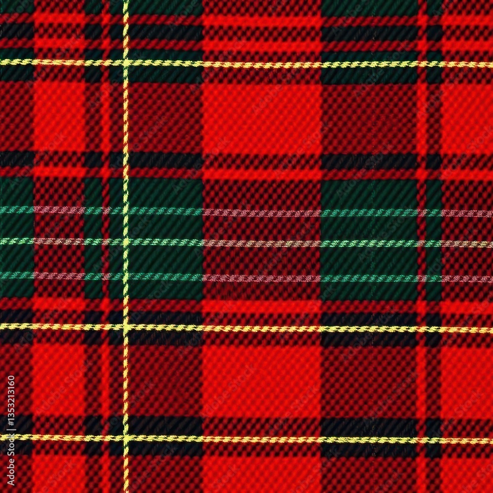 Deep crimson and forest green textured tartan plaid, woven with subtle shadowing, background, wool, geometric