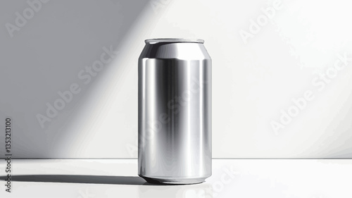 Close-up studio shot of a tall, cylindrical aluminum can. The can is silver and metallic, appearing smooth and reflective with subtle light and shadow highlighting its curves.  The can is