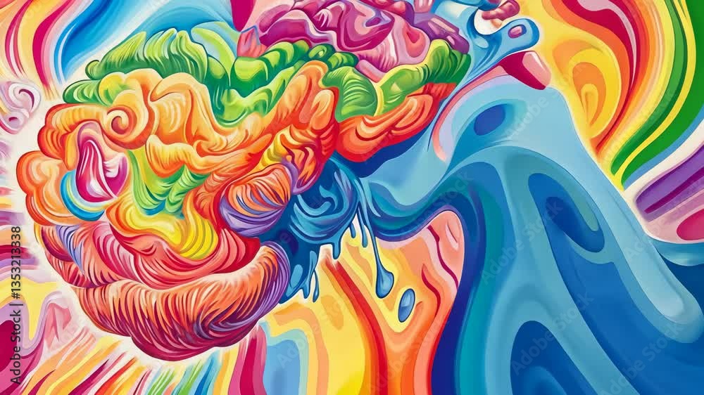 Colorful abstract brain artwork flowing with vibrant waves and swirls in a psychedelic style