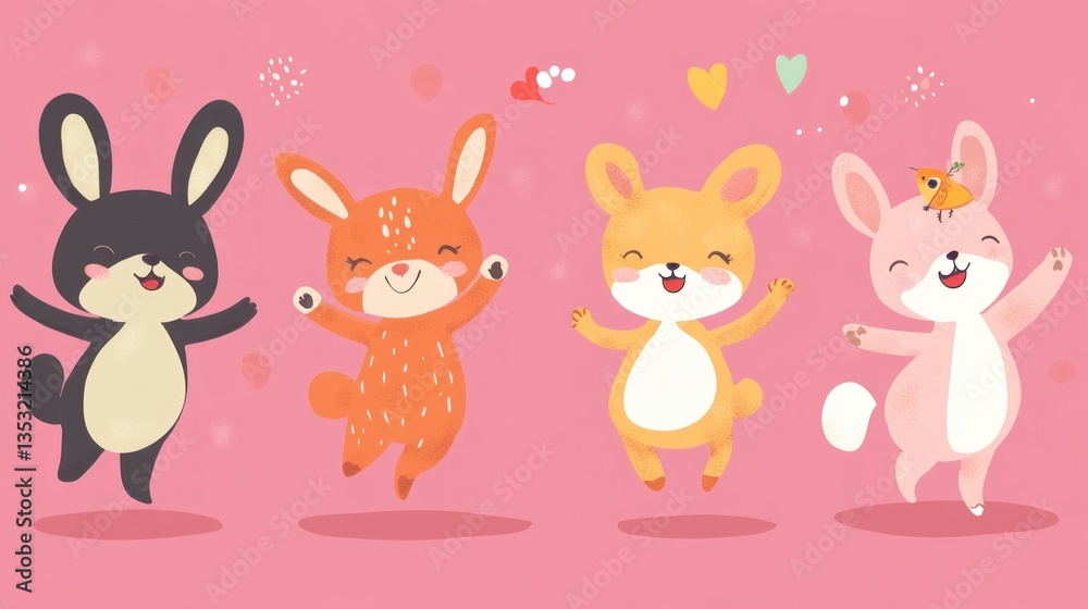 Obraz premium Jumping bunnies on a pink background with confetti and hearts