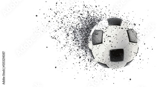The image shows a soccer ball in the process of disintegration.  The ball is predominantly white with black pentagonal patches, and it is depicted as breaking apart into numerous small, dark grey