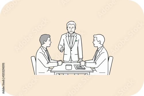 Business Meeting Discussion: Teamwork, Collaboration, and Negotiation Vector Line Art