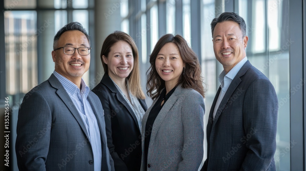A professional group portrait of colleagues standing together in an office environment. A professional group portrait of colleagues standing together in an office environment.