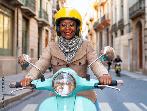 Mature African-American woman wearing yellow helmet and riding a blue scooter in an urban street, copy space