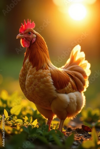 Chicken pecking grain in the sun, grain, farmland
