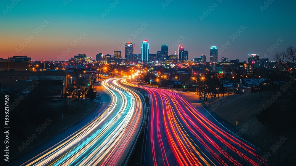 Obraz premium Light trails on city road at sunset.