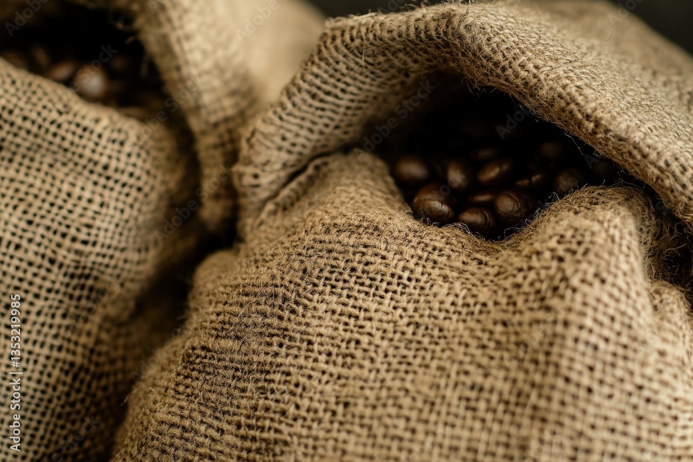 Two rustic burlap sacks holding a collection of coffee beans Two rustic burlap sacks holding a collection of coffee beans