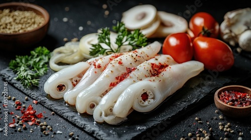 Korean BBQ squid calamary and ingredients on dark background