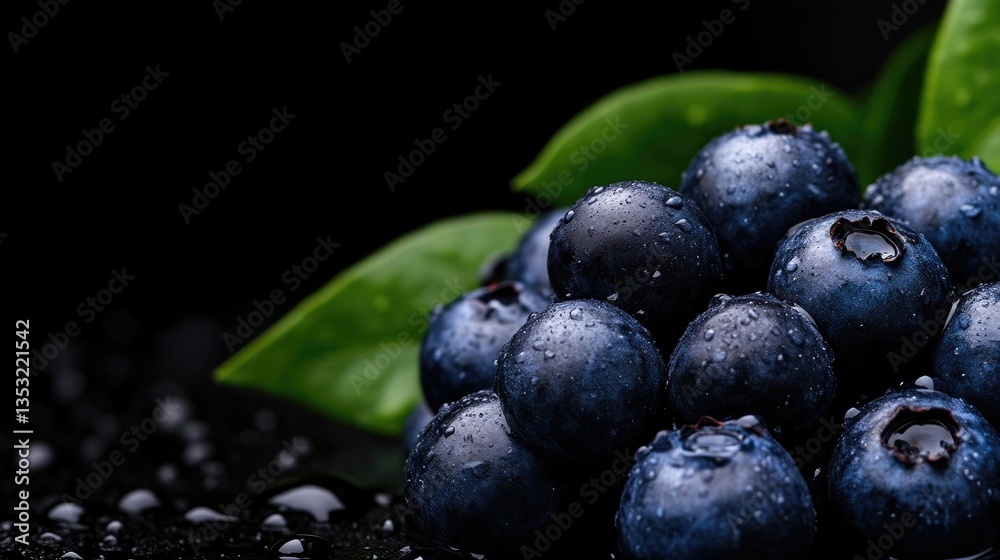 Close-up of fresh blueberries. Clusters of plump, dark berries with water droplets, vibrant green leaves Close-up of fresh blueberries. Clusters of plump, dark berries with water droplets, vibrant green leaves