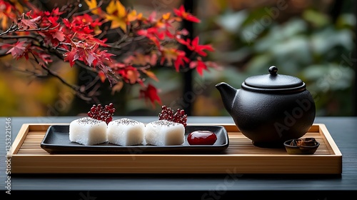 Traditional Japanese Dessert with Tea Set and Autumn Leaves photo