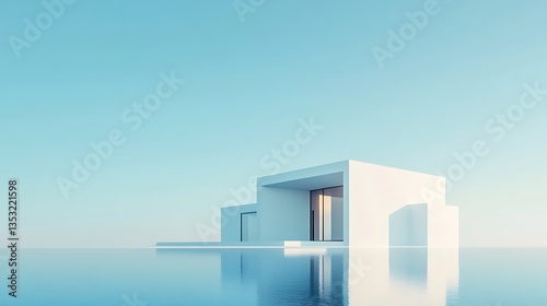 3D render a sleek, modern minimalist house isolated against a serene blue background, showcasing clean lines and contemporary design