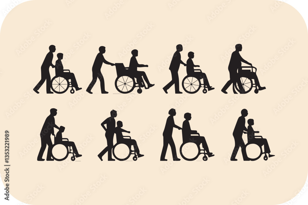 Wheelchair Assistance Silhouettes: Care, Support, and Accessibility Vector Illustration Art