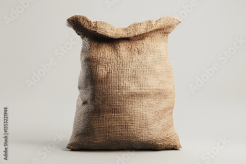 A plain open burlap sack standing on a neutral background