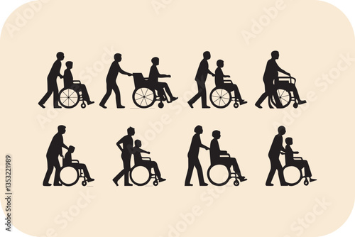 Wheelchair Assistance Silhouettes: Care, Support, and Accessibility Vector Illustration Art