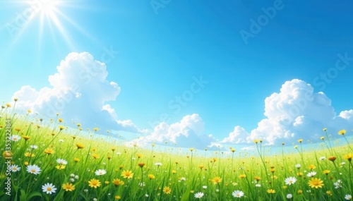 Summer morning with clear blue sky and white clouds, peaceful atmosphere,