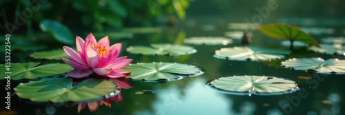 Tranquil pond with lily pads, water, still life