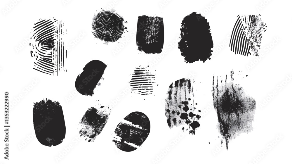 The image showcases a collection of various sized and shaped ink blots and splashes.  The blots range from solid black to lighter grayscale shades, exhibiting variations in density and texture.