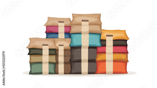 A digital illustration depicts multiple stacks of small, rectangular sacks in various colors. The sacks are arranged in a visually appealing composition.  Each sack appears to have a simple,