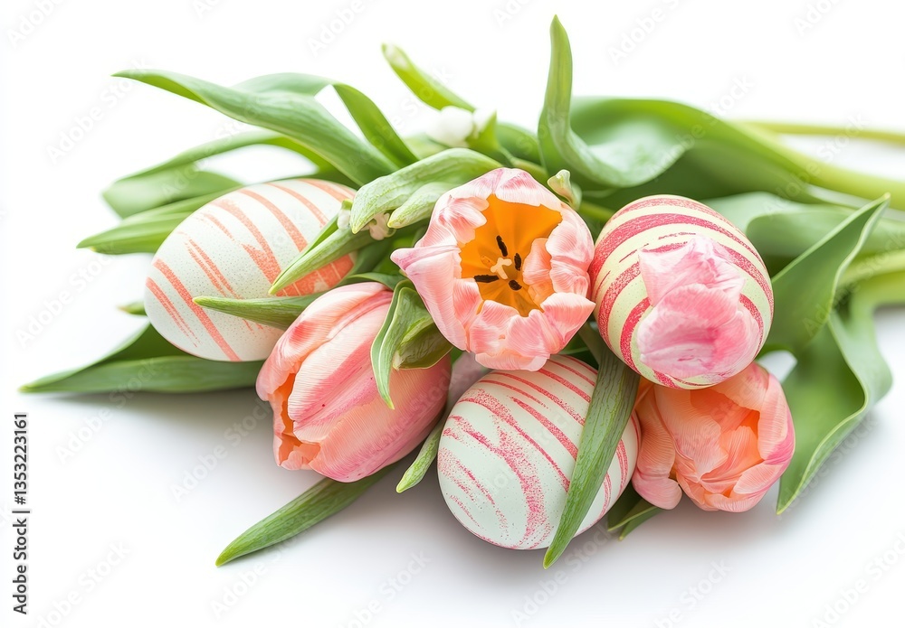Fototapeta premium Beautiful arrangement of pastel Easter eggs and fresh tulips showcasing spring colors and festive atmosphere, perfect for holiday celebrations and decorations