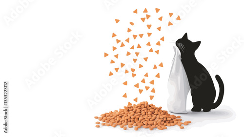 A digital illustration or graphic design depicts a black cat positioned to the right of a pile of orange-brown kibble.  More kibble is depicted falling from an unseen source above the cat's head,