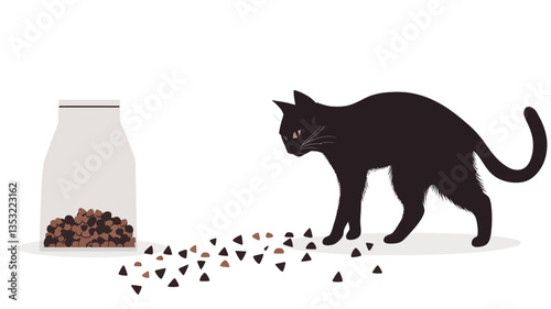 A vector illustration depicting a black cat silhouette standing near a partially transparent bag of brown kibble.  Some kibble is spilled on the ground around the cat. The image is set against a