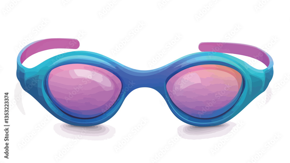 Fototapeta premium Close-up studio shot of a pair of swimming goggles. The goggles are predominantly blue with pink lenses and pink accents on the head strap. The lenses show a subtle reflection. The image is