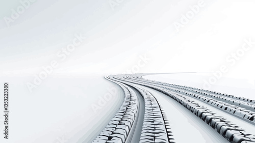 The image is a minimalist landscape photograph depicting a set of snow-covered railroad tracks curving gently into the distance. The tracks are the central focus, with the snow appearing smooth and