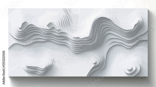 The image presents a monochromatic, close-up view of a three-dimensional abstract artwork. The artwork's surface is textured with a series of undulating, parallel lines creating a topographical or