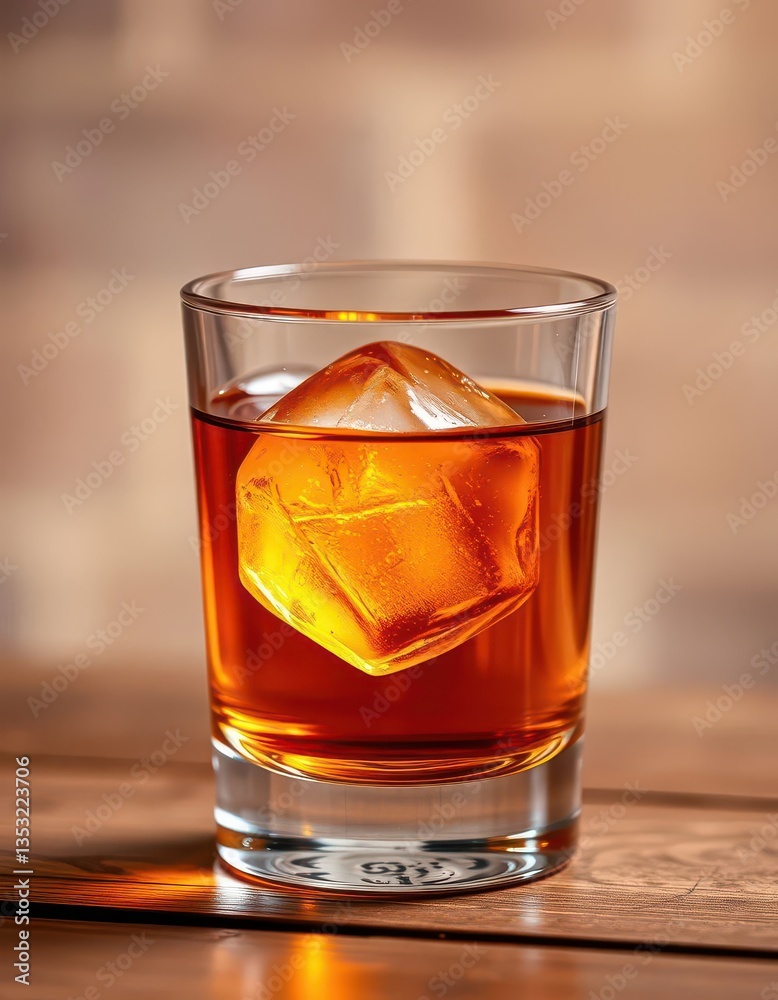 Small tasting glass filled with amber Scotch whisky, ice cube, glassware, photography, bar Small tasting glass filled with amber Scotch whisky, ice cube, glassware, photography, bar
