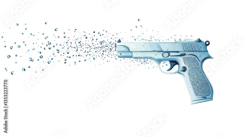 A digital illustration depicts a semi-automatic pistol rendered in shades of light blue and grey against a white background.  A stream of disintegrating data, represented by small, light blue and