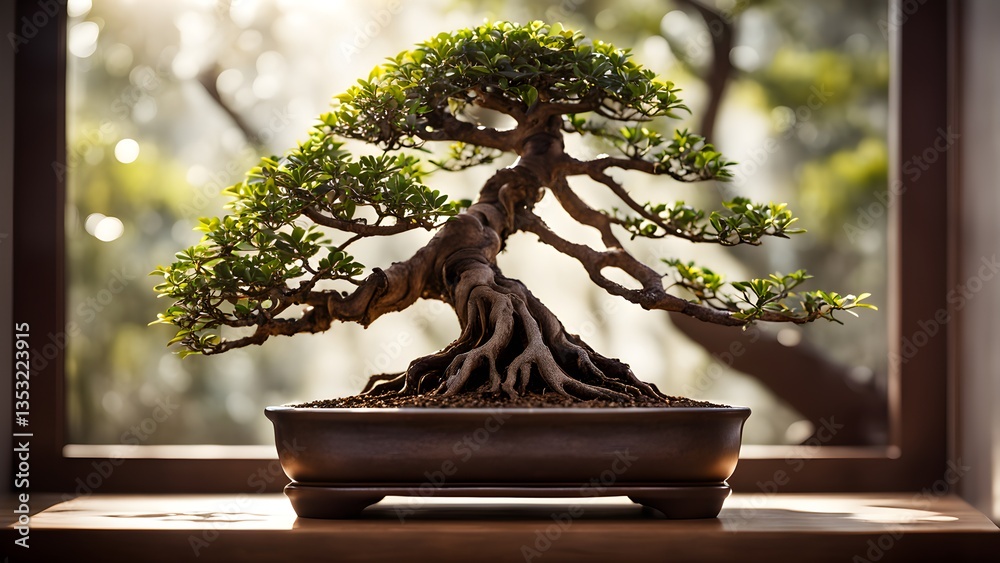 A meticulously crafted bonsai tree sits a dark brown pot, bathed soft sunlight near a window, creating a serene tranquil scene. A meticulously crafted bonsai tree sits a dark brown pot, bathed soft sunlight near a window, creating a serene tranquil scene.