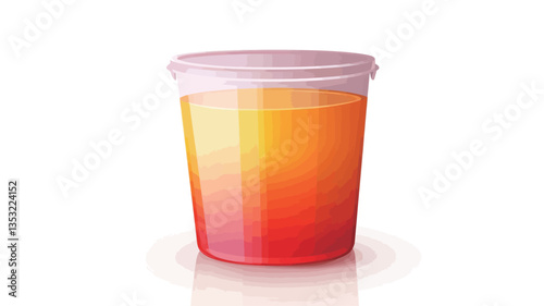 A close-up studio shot of a clear plastic cup filled with an orange liquid. The liquid displays a vibrant gradient, transitioning from a deep red-orange at the bottom to a lighter, almost