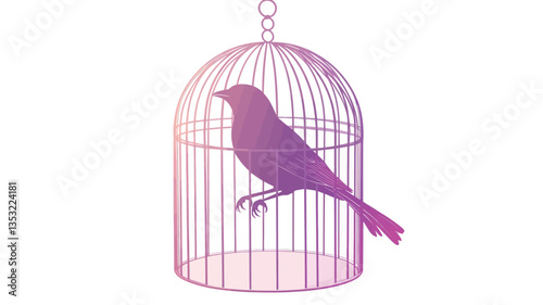 Digital illustration of a bird inside a birdcage.  The style is a soft, pastel pink and purple gradient, creating a silhouette effect. The bird and cage are rendered with a smooth, almost
