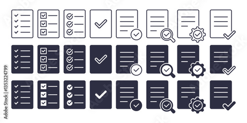 Set of check mark on paper document. Vector illustration