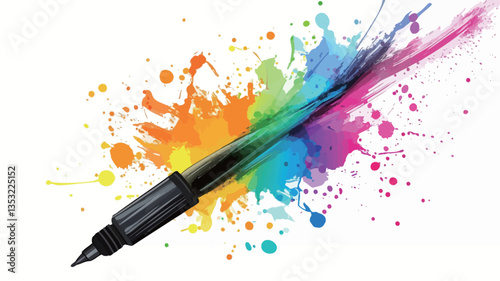 Close-up view of a dark-colored pen with a rainbow-colored ink splash emanating from its nib. The splash consists of various sized droplets and streaks of vibrant colors, predominantly red, orange,
