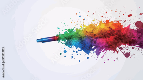Close-up shot of an abstract image depicting a vibrant rainbow-colored explosion or splash emanating from a small, dark cylindrical object against a plain white background. The colors are highly