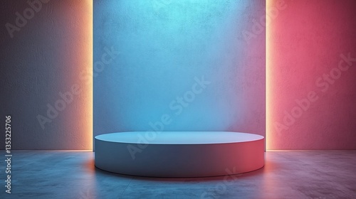 Illuminated pedestal in neon-lit room.